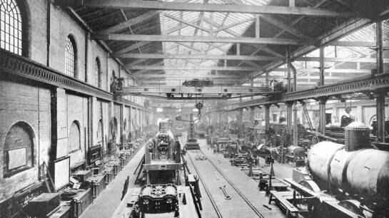Interior of engineering works at London and North Western Railway, Crewe, Cheshire