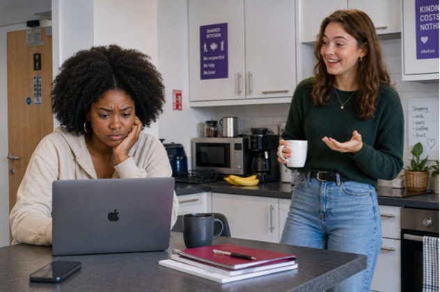Amara looking tired at her laptop in a student kitchen while a friend with a mug talks to her
