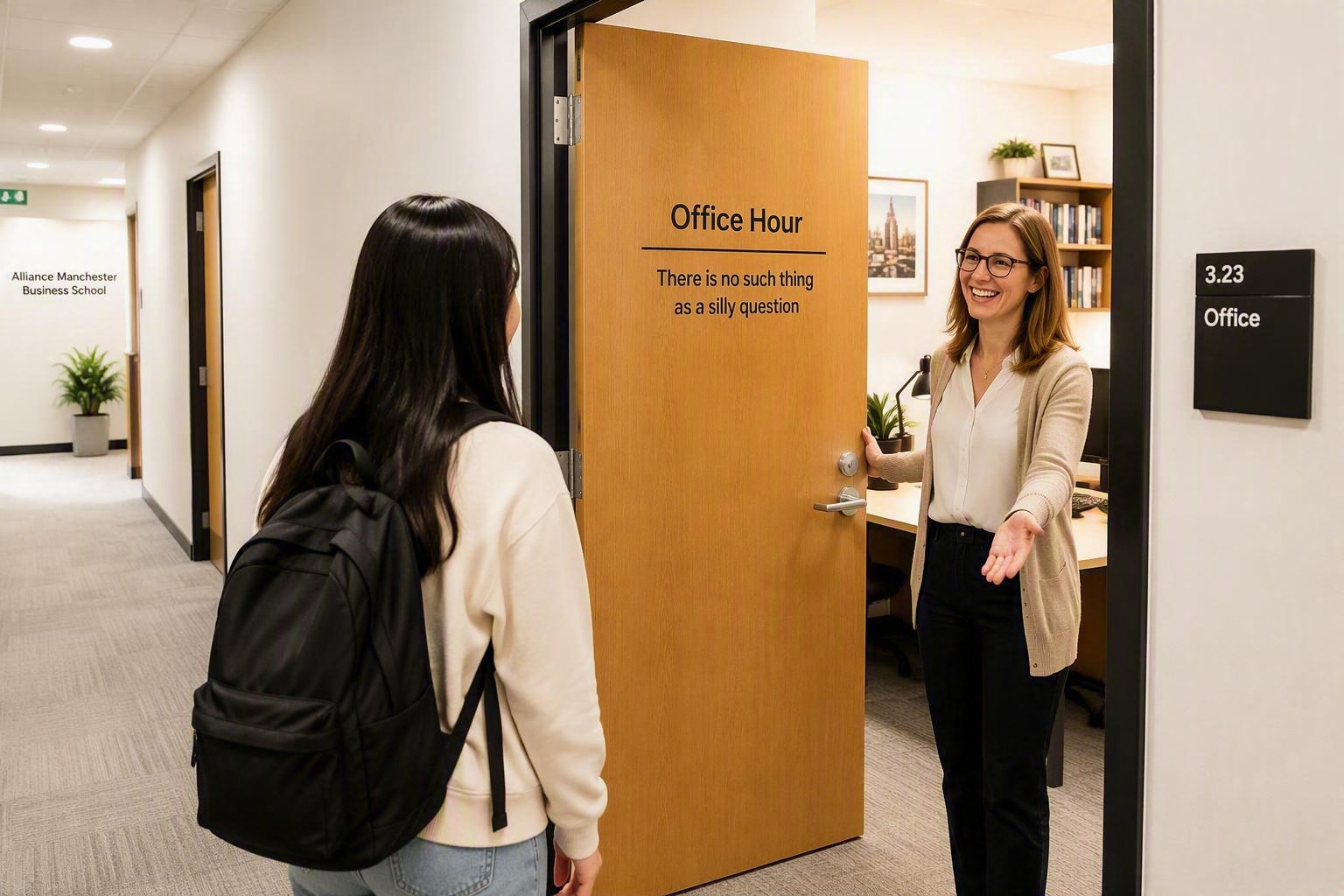 Amara speaking to a lecturer who stands smiling at an open office door