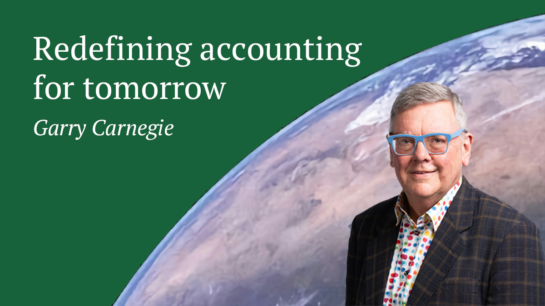 A colour portrait of a white man in colourful spotted shirt, jacket and bright pale blue glasses. The background is black and with planet earth in the background and the title "redefining accounting for tomorrow"