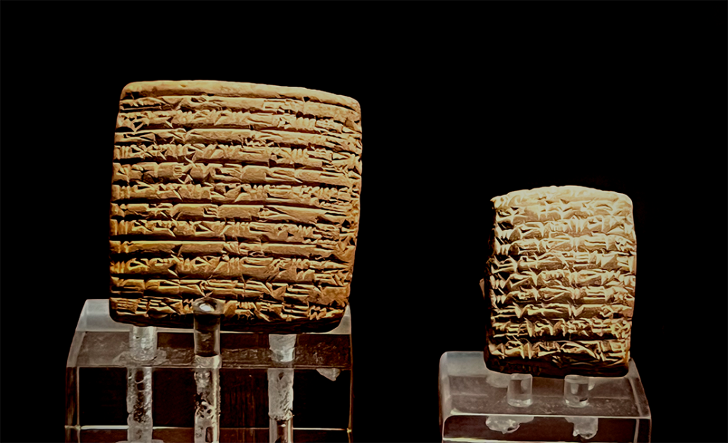 Two cuneiform tablets in a museum case