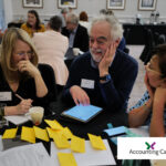 A man between two women sitting at a pondering at Post-it Notes spread out on a round table