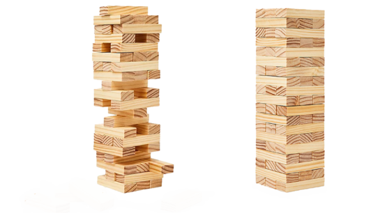 Two towers of wooden blocks — one with blocks missing and the other solid and well built.