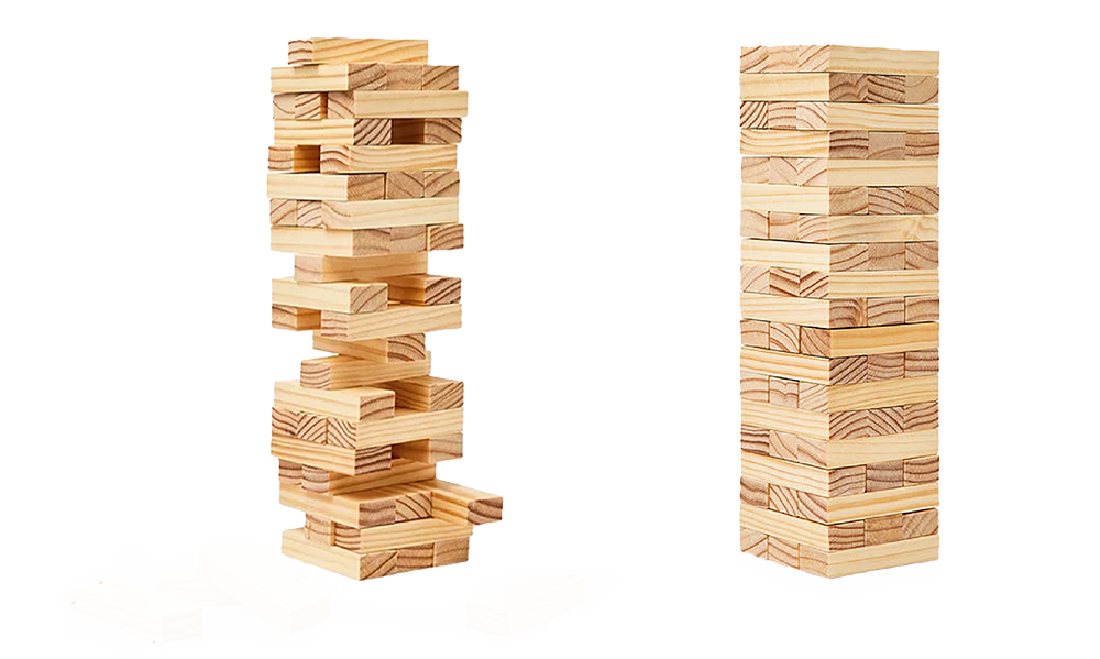 Two towers of wooden blocks — one with blocks missing and the other solid and well built.
