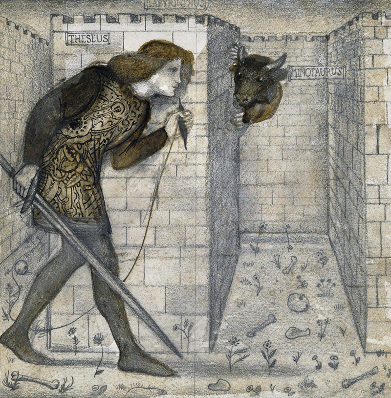 A young prince, holding a sword in one hand and a ball of thread in the other, hides behind a castellated wall. Around the corner, a bull's head is peeking out. It looks as if they are about to meet.