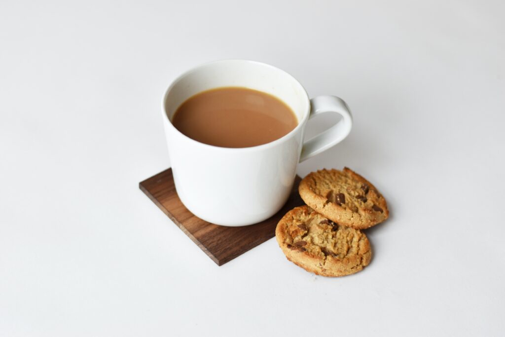 A nice cup of tea with a couple of chocolate chip cookies. Yummy.